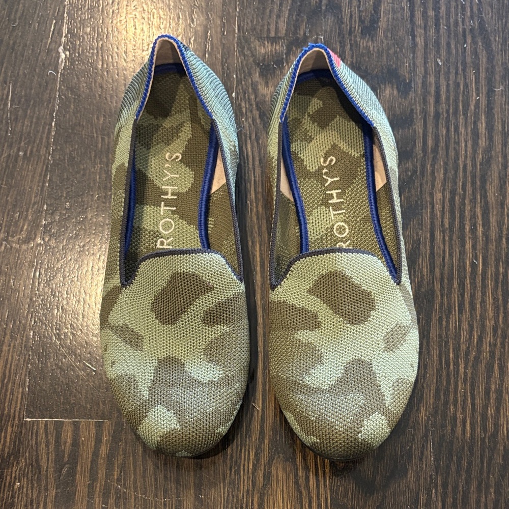 Rothy's Olive Camo Flats with Blue Trim